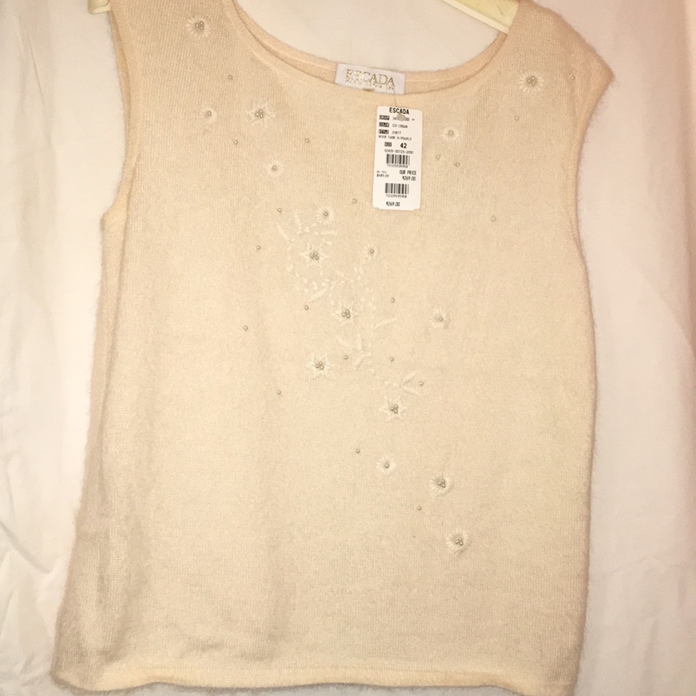 Escada cream mohair tank with pearls